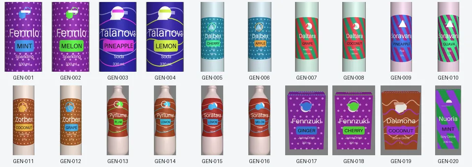 Catalogue of 20 fictional products, round cans, contoured bottles and box cartons, with generated labels