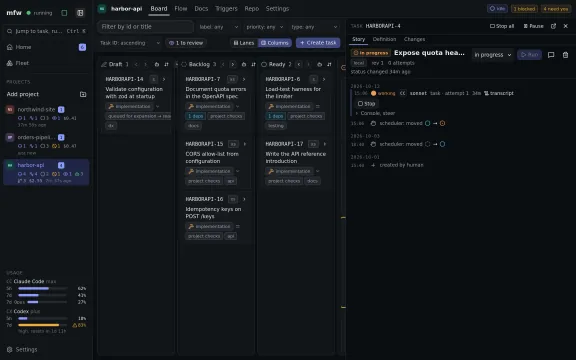 mfw task open in the inspector next to the board