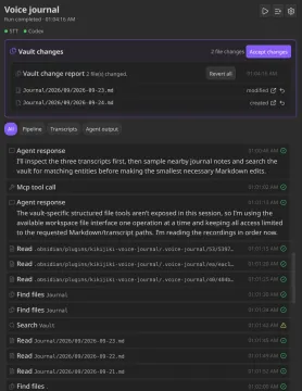 Kikijiki Voice Journal panel after a completed run, with vault changes to accept or revert above the agent's activity timeline