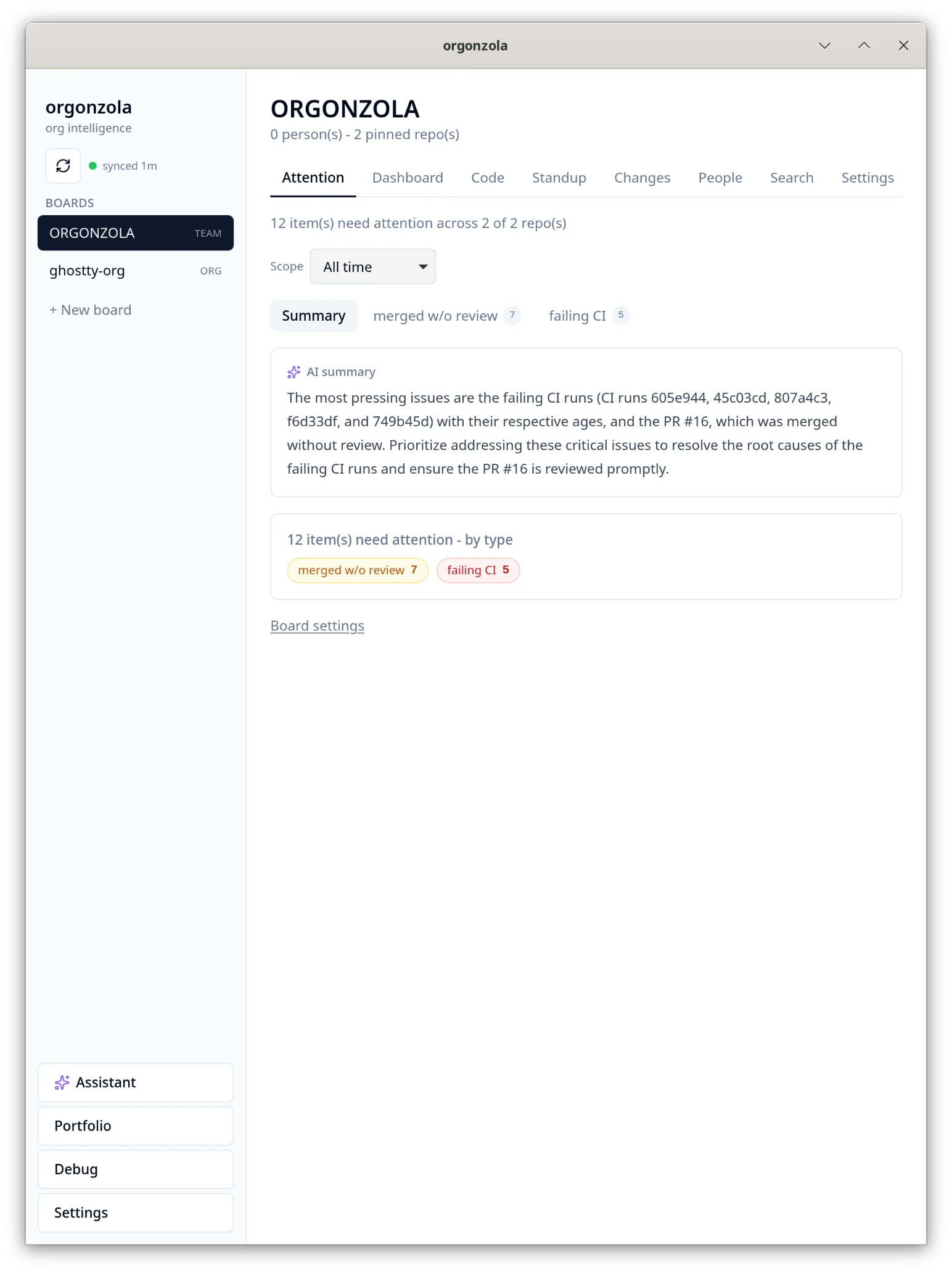 orgonzola Attention tab with an AI summary of items needing attention