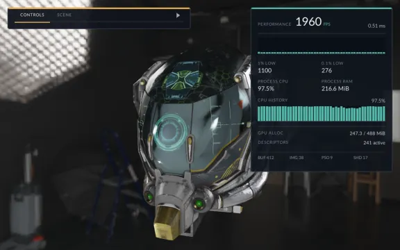 Sample renderer showing a glTF helmet with the debug UI open