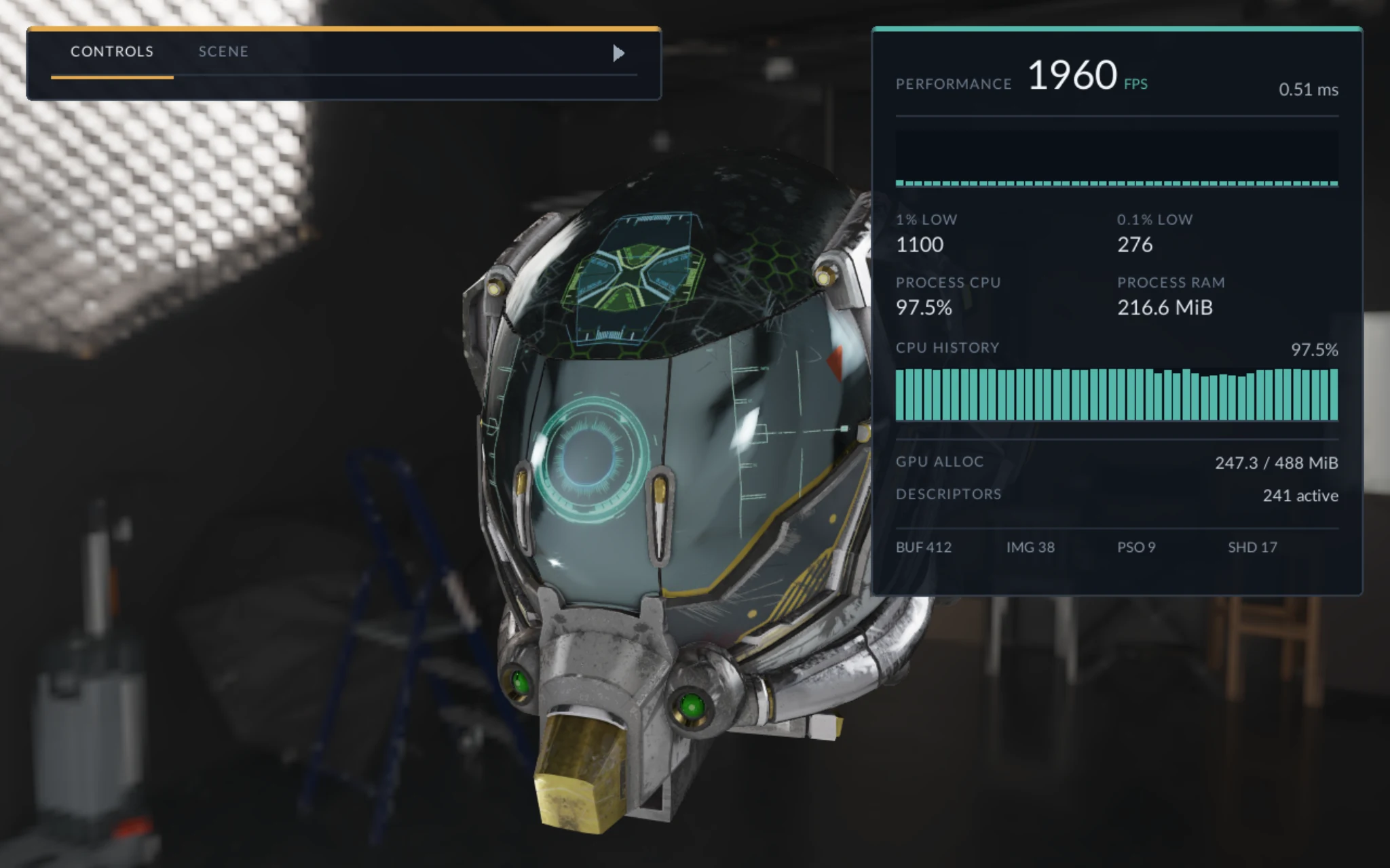 Sample renderer showing a glTF helmet with the debug UI open